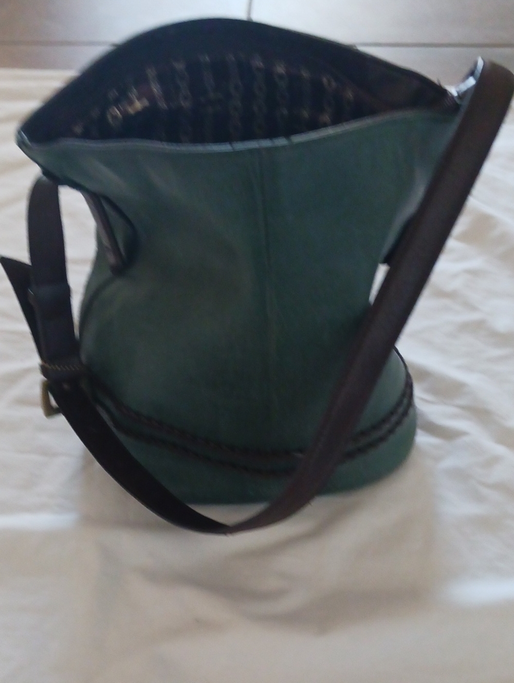 Tignanello Green Leather Shoulder Bag with Dark Brown Strap